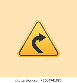 Road sign indicates a right turn ahead, yellow warning on peach background