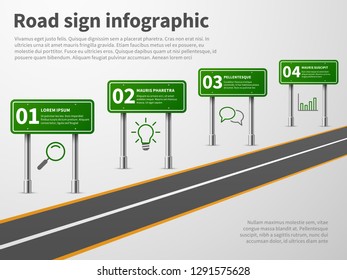 Road sign infographic. Banner traffic street route path, blank direction highways asphalt trip map gps car curved way vector concept