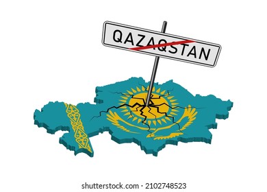 A road sign, with a inscription in the new Kazakh language says Kazakhstan, stuck into a 3D map in the form of a flag with black diverging cracks