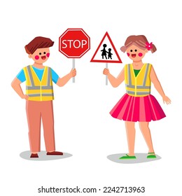 road sign kid vector. safety traffic, children school, street boy, crosswalk warning, pedestrian girl, red kid road sign kid character. people flat cartoon illustration