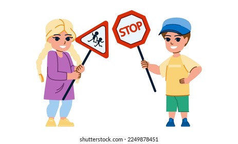 road sign kid vector. traffic boy, safety car, school street, children caucasian, light child, childhood road sign kid character. people flat cartoon illustration