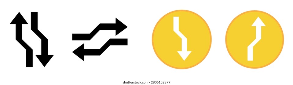Road Sign Lane Shift Arrows Icon Set, minimalist black and yellow direction indicators for traffic design