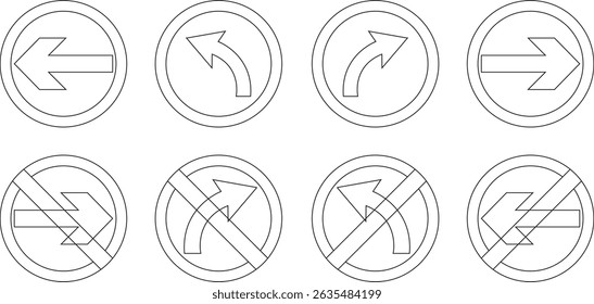 
Road sign line art icon set.Direction of movement. Warning different road sign.Permitted direction of movement at intersection, junction and other section of the road.Warning sign,attention road sign
