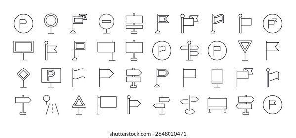Coleção de Ícones de Símbolos de Estrada. Outline Signs para Gráficos e Web Design, Apps, Anúncios, Vários Cartões 