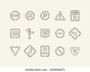 Road sign line icon set. Stop sign, speed limit, parking sign. Road sign concept. Vector illustration can be used for topics like traffic, road marking, traffic striping