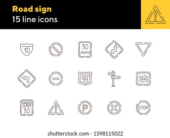 Road sign line icon set. Stop sign, speed limit, parking sign. Road sign concept. Vector illustration can be used for topics like traffic, road marking, traffic striping