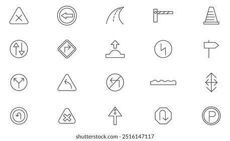 Road sign line icon set. Road signs, fences, highway, highways, road barrier, paver, bulldozer, road junction, bridge, graver,  traffic lights icon set. UI thin line icon pack.