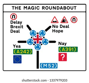 Road sign with the magical roundabout showing union jack in center with directions to no deal, delay with union star flag with the brexit leave vote and parliament 2nd deal yes no vote result 