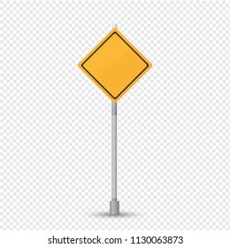Road sign of main road, priority over adjacent. Sign is yellow rhombus on metal stand, for traffic rules. Landmark on road for car drivers. Traffic sign on transparent background. Vector illustration.