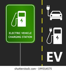 Road sign and marks design for electric car charging station or point