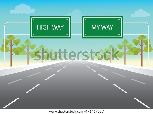 道路標識と高速道路のハイウェイワード コンセプトフラットデザインベクターイラスト のベクター画像素材 ロイヤリティフリー