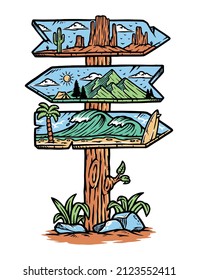 road sign to natural scenery illustration