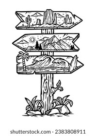 road sign to natural scenery line illustration