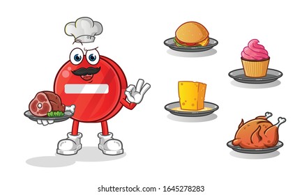 road sign. no entry sign chef with many types of food cartoon. including cheese, burgers, cupcakes, chicken and beef. cartoon mascot vector