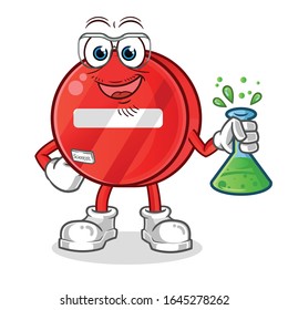 señal de carretera. no hay científicos de signos de entrada que tengan tubos químicos y usen caricaturas de lentes. vector de mascota de dibujos animados