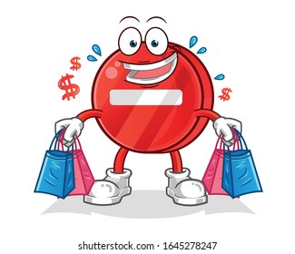 road sign. no entry sign shopping and holding shopping bags cartoon. cartoon mascot vector