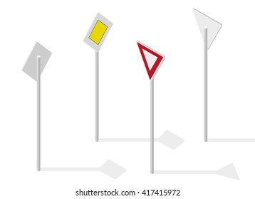 Road sign on street. Street traffic sign. Info graphic, junction crossway on white background. Illustration of crossroads main and side road. Flatten isolated master vector icon.