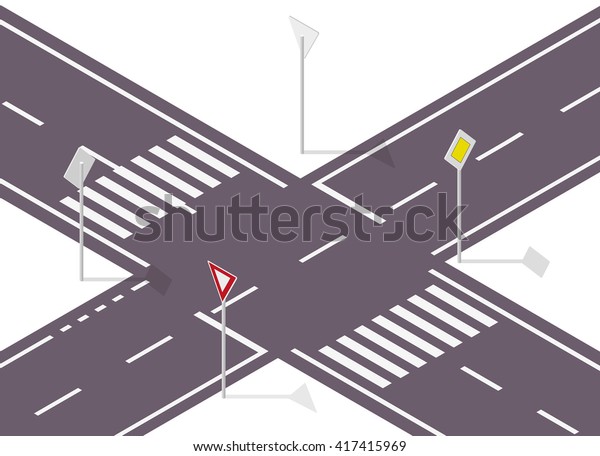 Road sign\
on street. Street traffic sign. Info graphic, junction crossway on\
white background. Illustration of crossroads main and side road.\
Flatten isolated master vector\
icon.