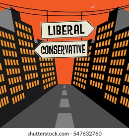 Road sign with opposite arrows and text Liberal - Conservative, vector illustration