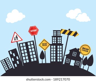 Road sign over cityscape background, vector illustration