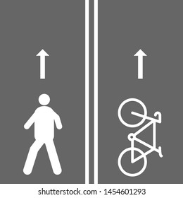 Road sign, pedestrian and bicyclist icon design. White image on the roadbed. white silhouette of people and bicycle icon design. Vector illustration