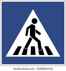 Road sign pedestrian crossing. Informs road users about the presence a crossing for pedestrians. Places where pedestrians have the right to cross the roadway. Drivers must give way to pedestrians.