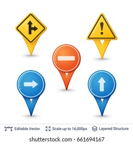 Road sign pins set. Location vector icons collection.
