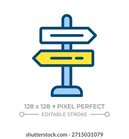 Icono de color de línea perfecta de píxeles de señalización vial. Puntero de dirección en el polo. Información para los conductores. Infraestructura de rutas. Ilustración vectorial aislada. Diseño de símbolo colorido plano. Trazo editable