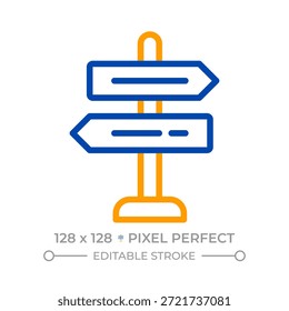 Símbolo de estrada pixel perfeito ícone de linha de duas cores. Ponteiro de direção. Informações para os maquinistas. Símbolo do contorno bicolor da infraestrutura de rotas. Pictograma linear duotônico. Ilustração isolada. Traçado editável