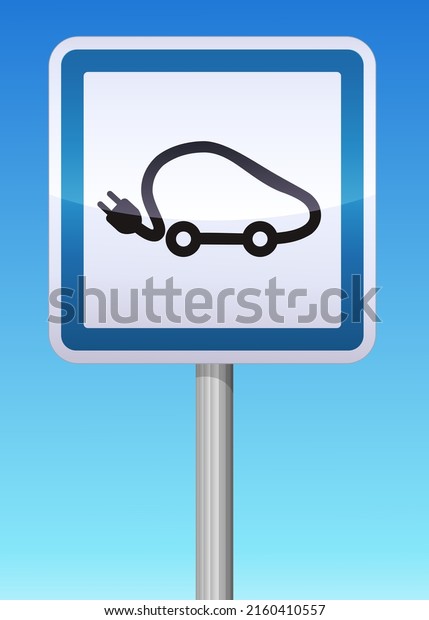 Road sign of a place for an electric car on a\
pole with a blue sky\
background