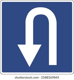 Road sign place for U turn. Information sign indicates the section of the road where it is allowed to make a U-turn for vehicles. The exact place where it is allowed to make a safe U turn.