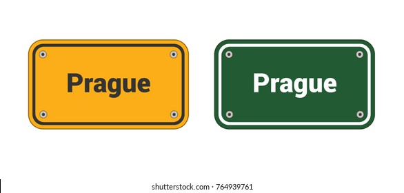 road sign of Prague. two variants yellow and green