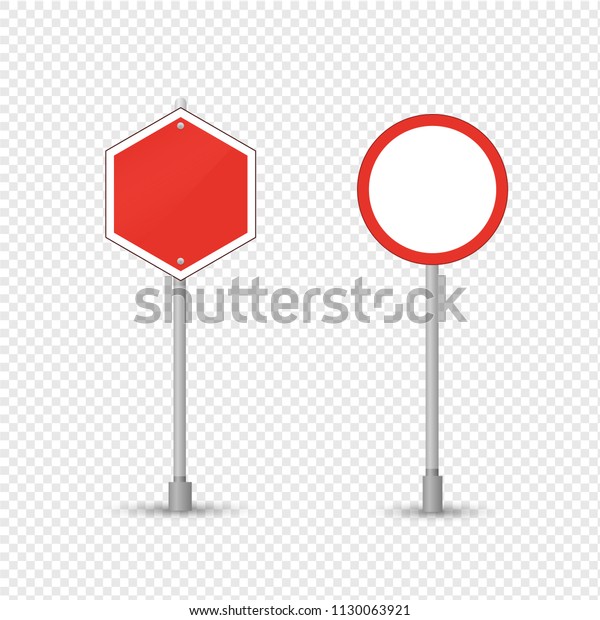 Road sign of prohibiting, limiting\
direction of movement and speed. Sign is red polygon, circle on\
stand. Landmark on road for car driver. Traffic sign on transparent\
background. Vector\
illustration.