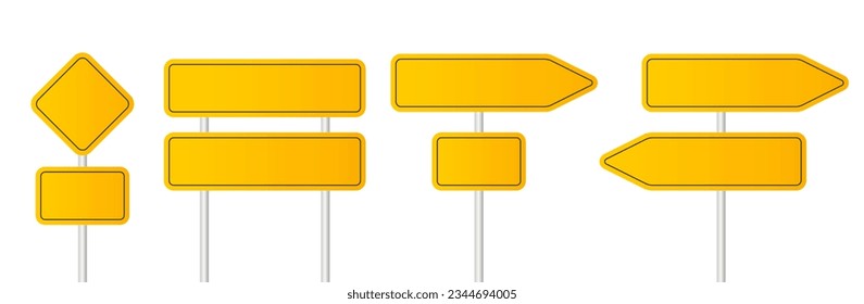 Road sign in realistic style isolated on white background. Set danger blank warning empty signs. Mock up traffic template. Traffic yellow road signs set. Empty board. Direction. Vector illustration