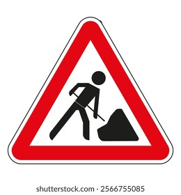 A road sign with a red triangle indicating construction work in progress.