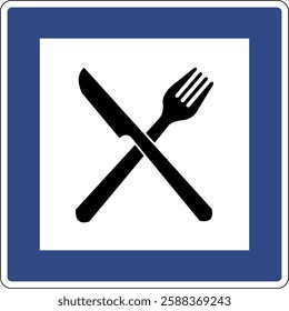 Road sign restaurant or canteen. The information sign informs drivers about the presence restaurants, canteens or cafes near the road, where you can have a snack or a full meal.