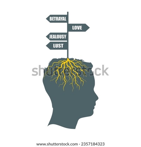 Road sign rooted in human head. Betrayal, jealousy, lust and love words pointing in opposite directions.