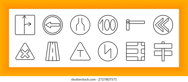 Symbol für Straßenschildersatz. Pfeil, Richtung, Verkehr, Umweg, Geschwindigkeitsbegrenzung, Schranke, Kurve, Kreuzung, Autobahn, Signal, Navigation, Kreuzung, Fahrspurzusammenführung, Priorität, Führung