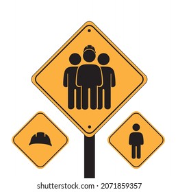 Road Sign Set - Textual Yellow Signs Set As Western Road Sign Symbols. Brigade. Helmet.
