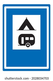 Road sign, set of two black pictograms on blue background, camping, tent and trailer, vector icon