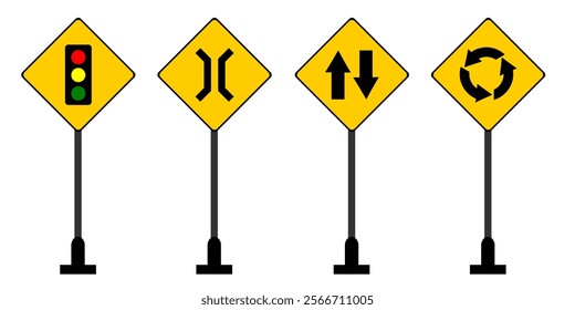 Road sign set with various style situation traffic light, bridge, roundabot, and two way traffic sign yellow colour vector illustration isolated in white background for education purpose