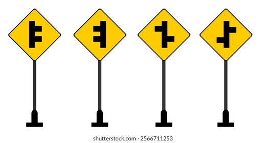 Road sign set with various style intersection traffic sign yellow colour vector illustration isolated in white background for education purpose