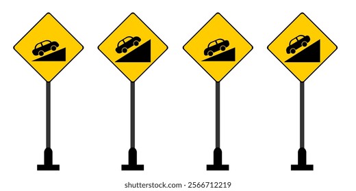 Road sign set with various style situation of sloping and slanting traffic sign yellow colour vector illustration isolated in white background for education purpose