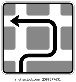 Road sign showing compulsory left turn on a cobblestone paved road.