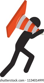 road sign with signs of interruption with worker
