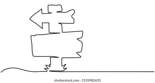 Road Sign Single Line Icon, continuous one line drawing Wooden arrow plaque with cracks and nails for text box, Road Sign Continuous Line Icon, Line one sign road way arrow single illustration street