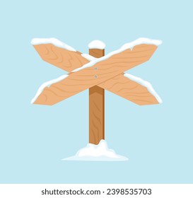 Road sign in snow. Wooden signpost arrow isolated on blue background. Vector winter illustration. Cartoon flat icon. Crossed two boards.