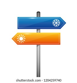 road sign with snowflake und with sun on a white background vector illustration