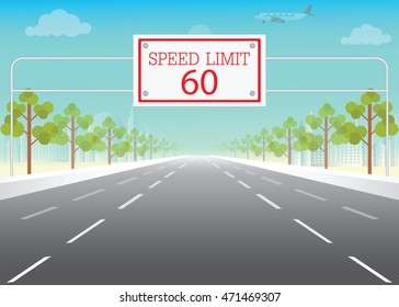 Road sign with speed limit on highway, conceptual flat design vector illustration.