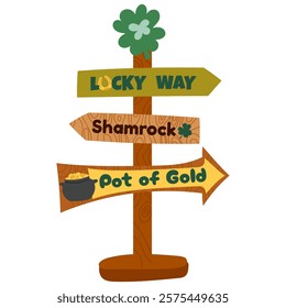 Road sign St. Patrick's Day. St Patrick day sign board with arrow direction to Lucky Way,Shamrock and pot of gold.